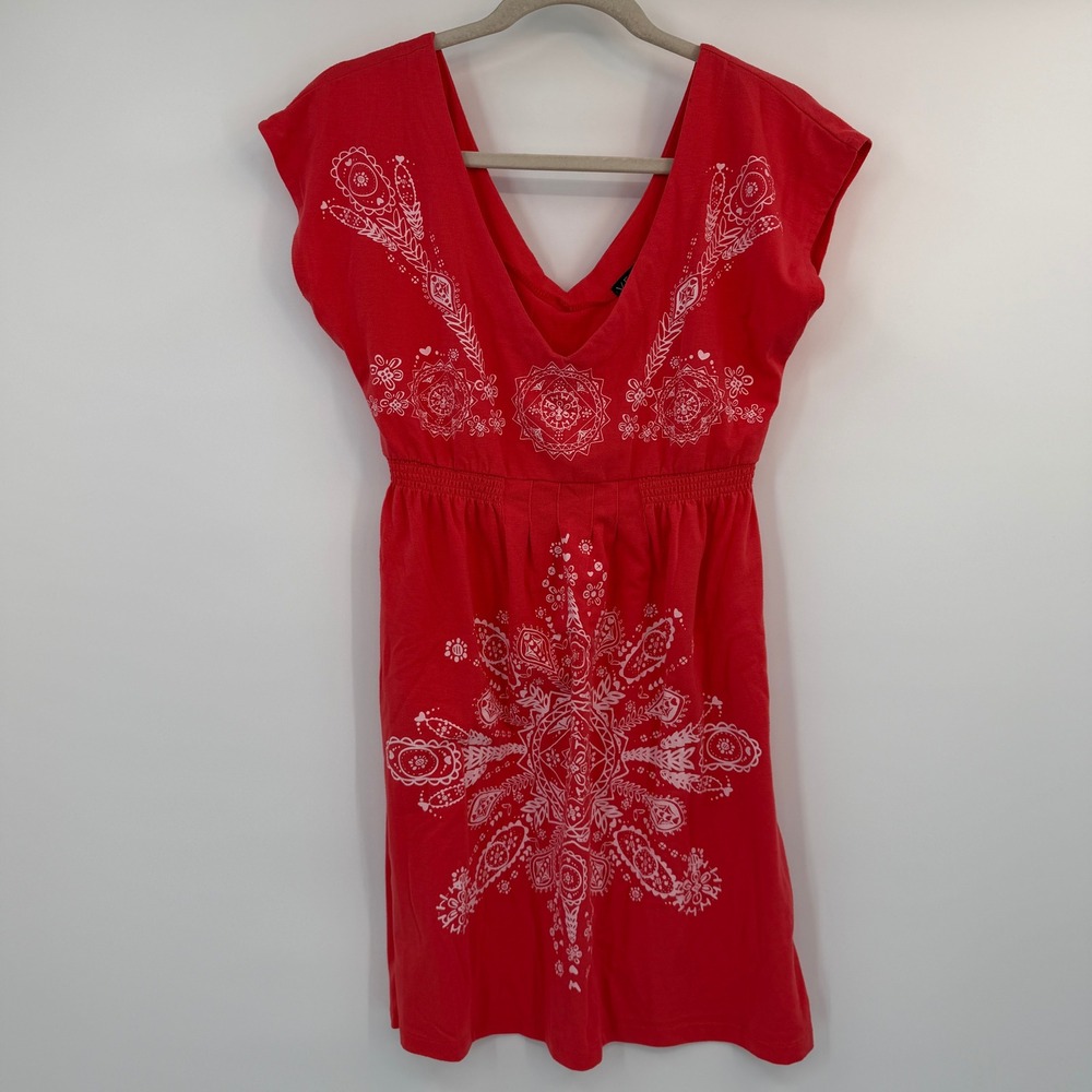 Venus Red Mandala Print V-Neck Mini Dress Medium‎ Boho Smocked Boho Festival